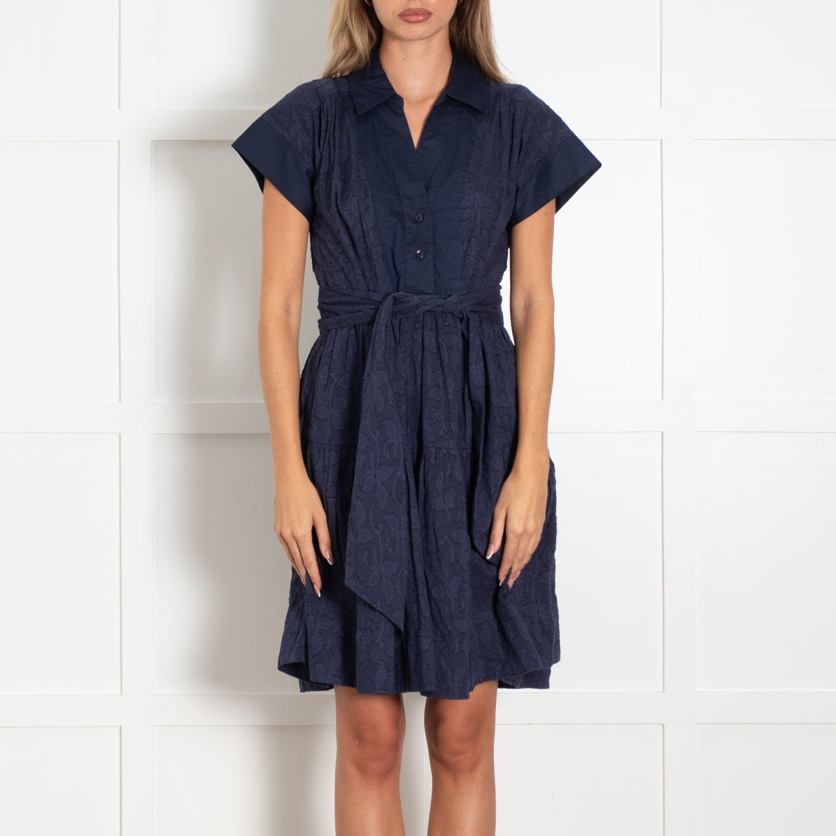 Me+Em Navy Collared Short Dress With Tie Belt