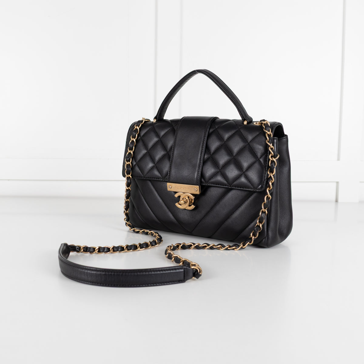 Chanel Black Lambskin Leather Top Handle Flap Bag