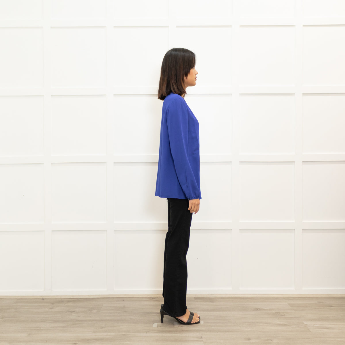 Longchamp Bright Blue Silk Blouse with Grosgrain Bib Stripe