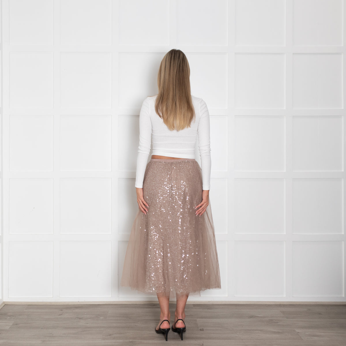 Wyse Nude  Sequin Skirt With Tulle Overlay