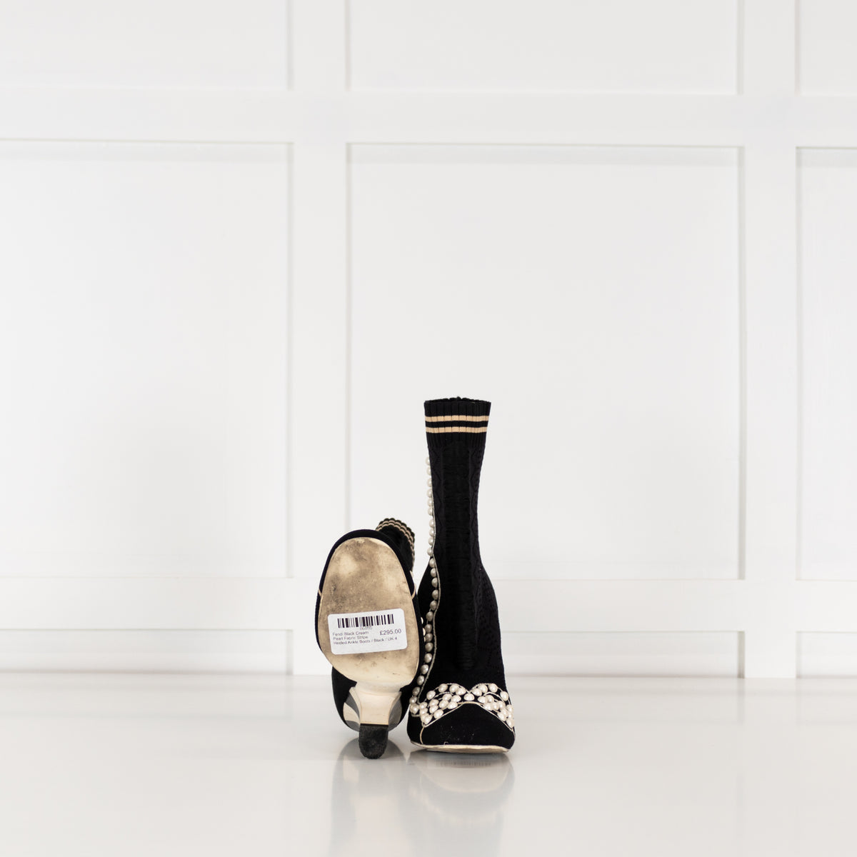 Fendi Black Cream Pearl Fabric Stripe Heeled Ankle Boots