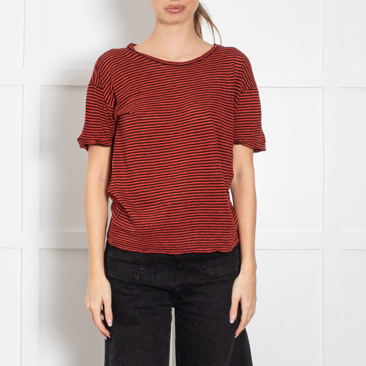 Isabel Marant Etoile Red & Black Striped Short Sleeve Top