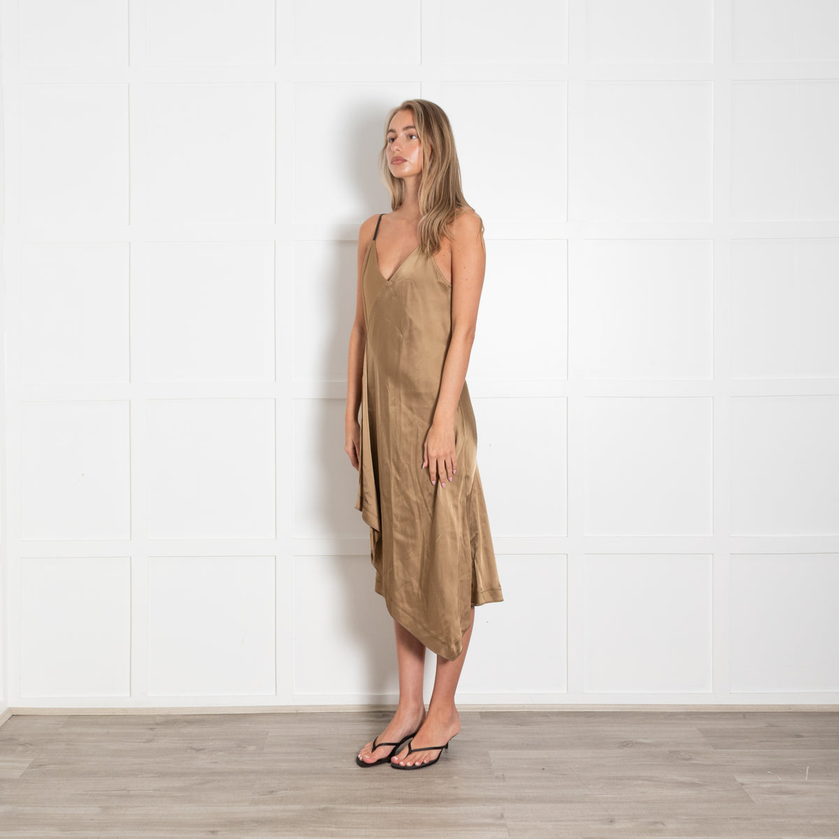 Helmut Lang Bronze Black Strappy Shoulders Silk Satin Dress