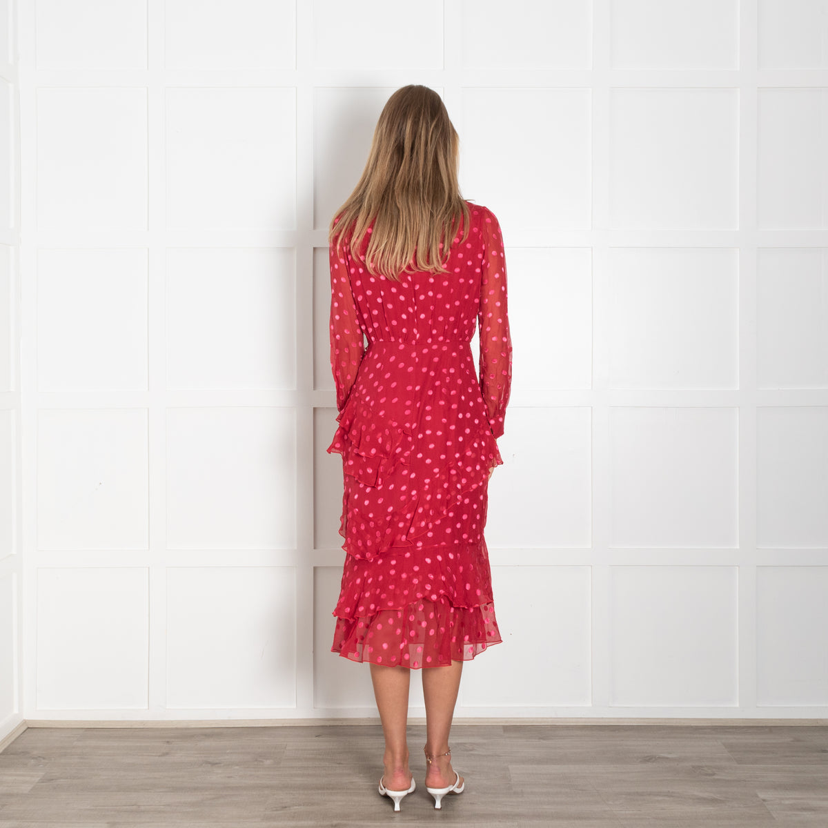 Saloni Red Pink Dot Print Frill High Neck Dress