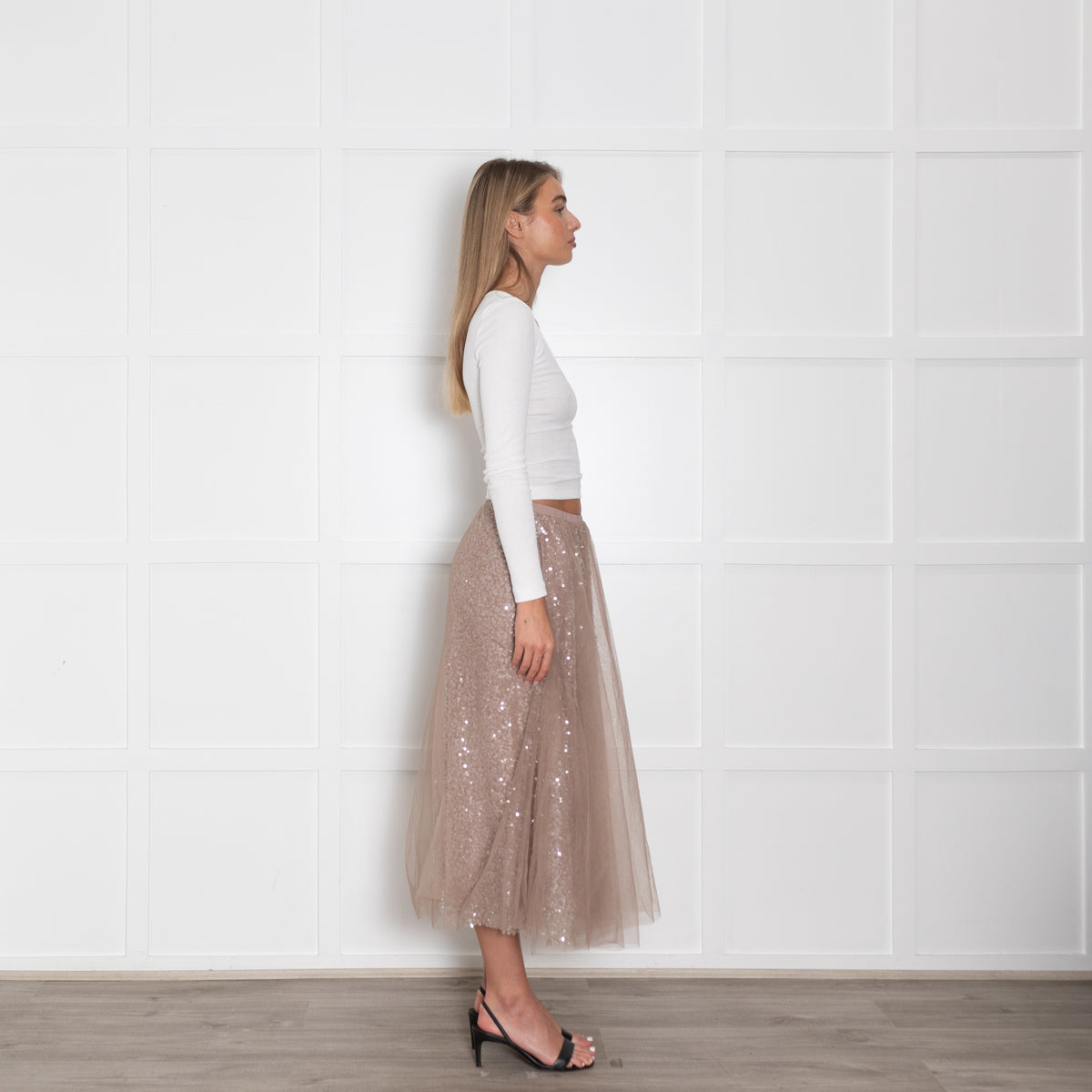 Wyse Nude  Sequin Skirt With Tulle Overlay