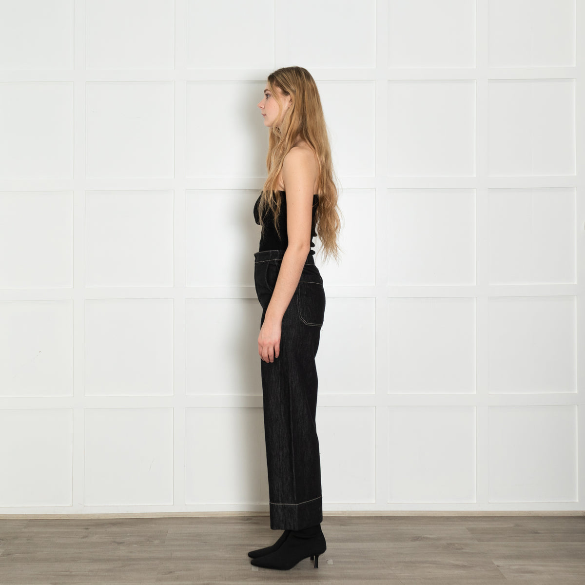 S Max Mara Black White Stitch Wide Denim Trousers