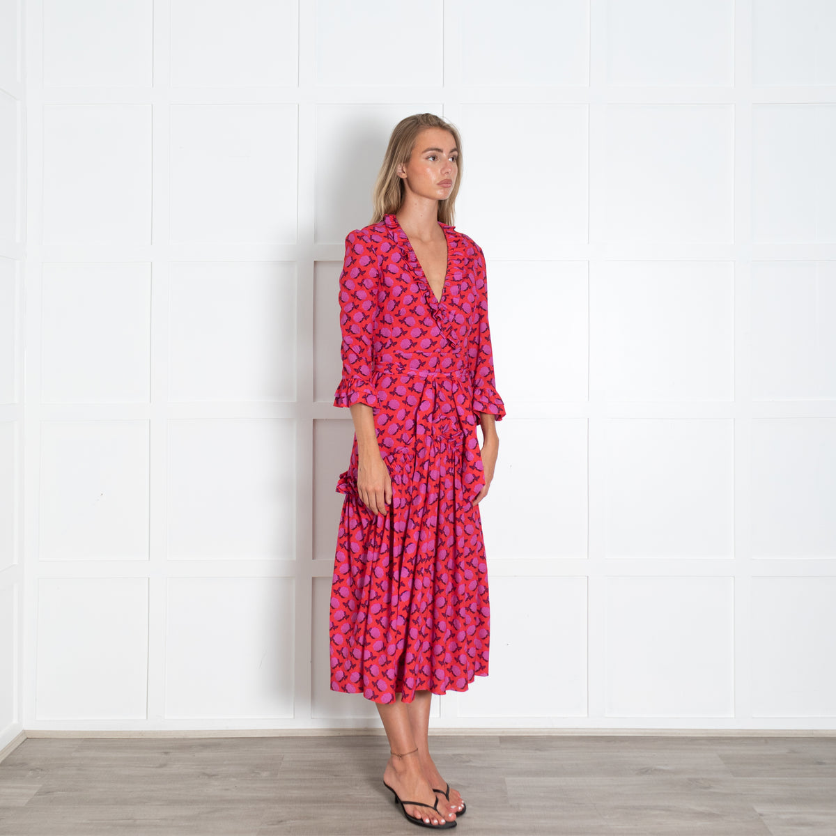 Borgo De Nor Purple Rose With Red Background Frill Front Dress