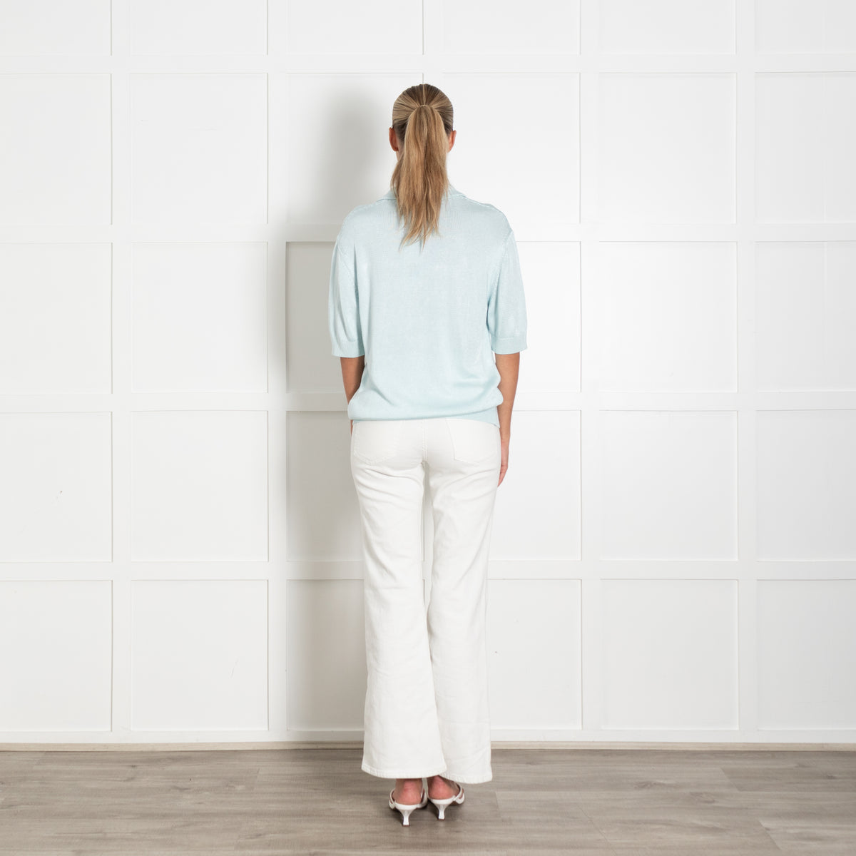 Jil Sander Pale Blue Black Embroidered Flower Short Sleeve Top