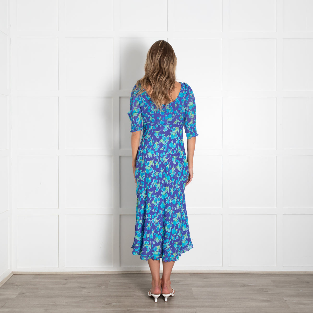 Rixo Purple Green Blue Floral Midi Dress