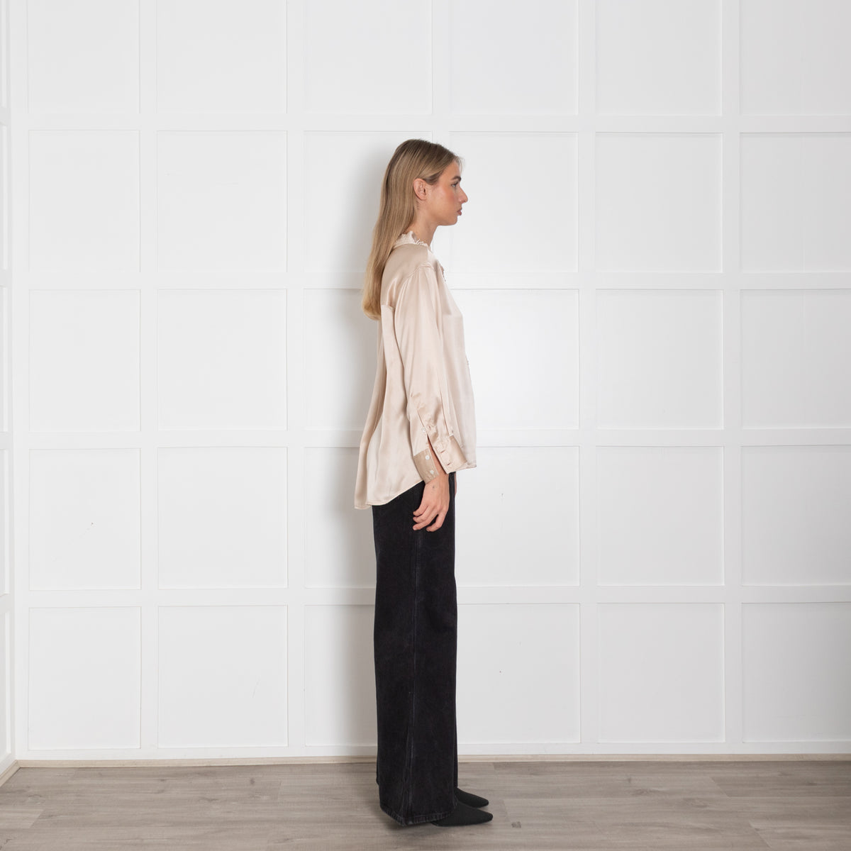 Wyse Gold Silk Satin Pleated Neck Blouse