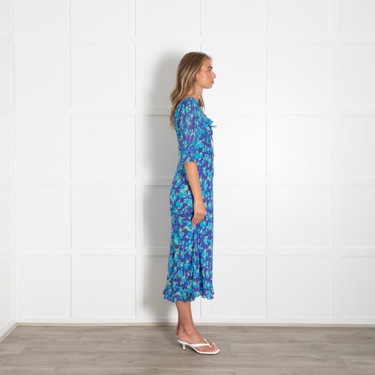 Rixo Purple Green Blue Floral Midi Dress