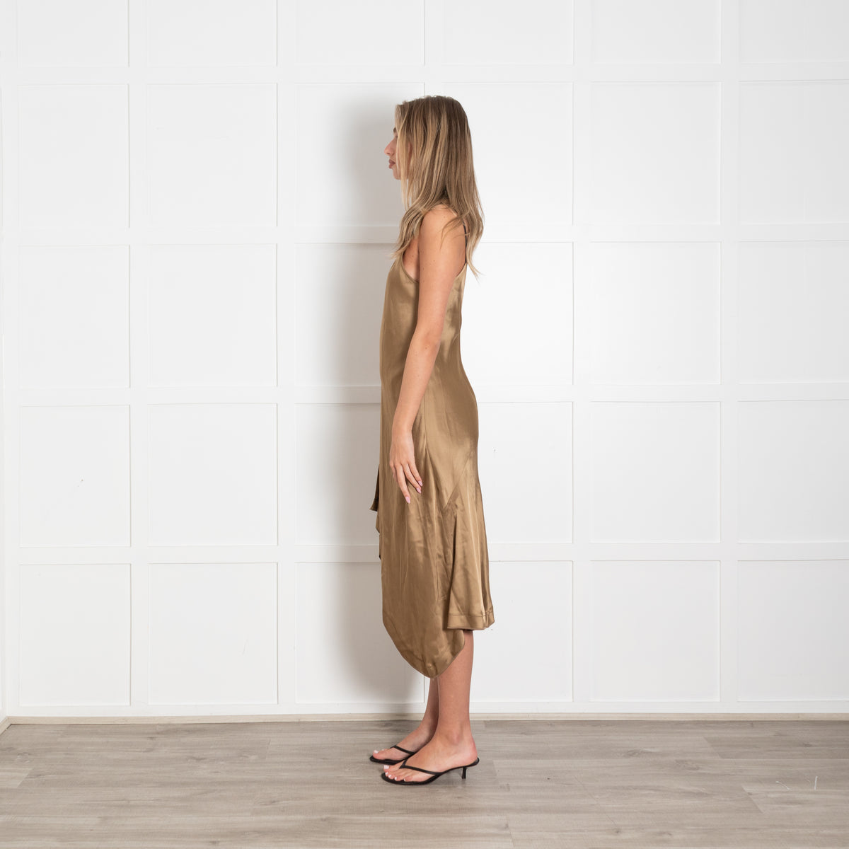 Helmut Lang Bronze Black Strappy Shoulders Silk Satin Dress