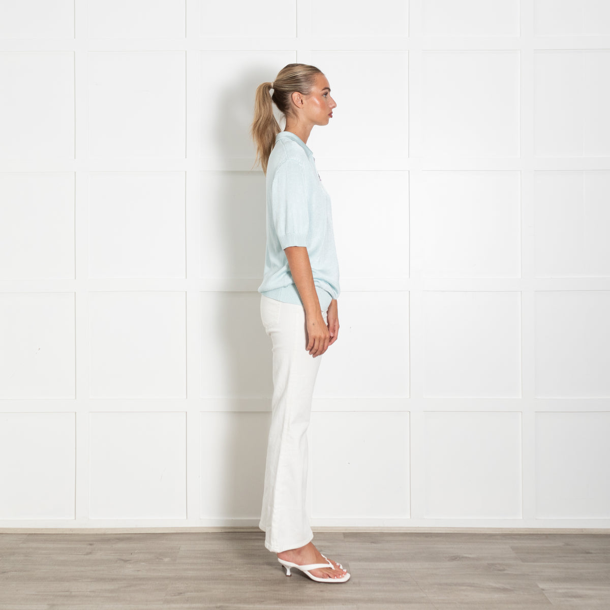 Jil Sander Pale Blue Black Embroidered Flower Short Sleeve Top