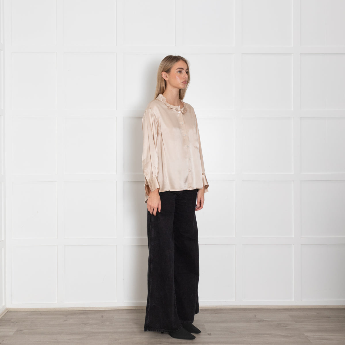 Wyse Gold Silk Satin Pleated Neck Blouse