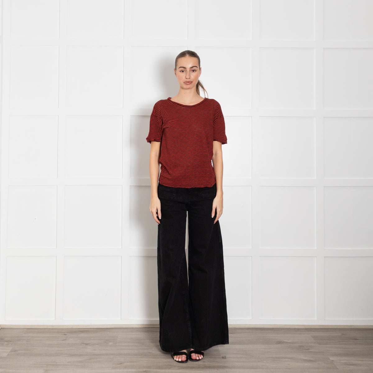 Isabel Marant Etoile Red & Black Striped Short Sleeve Top