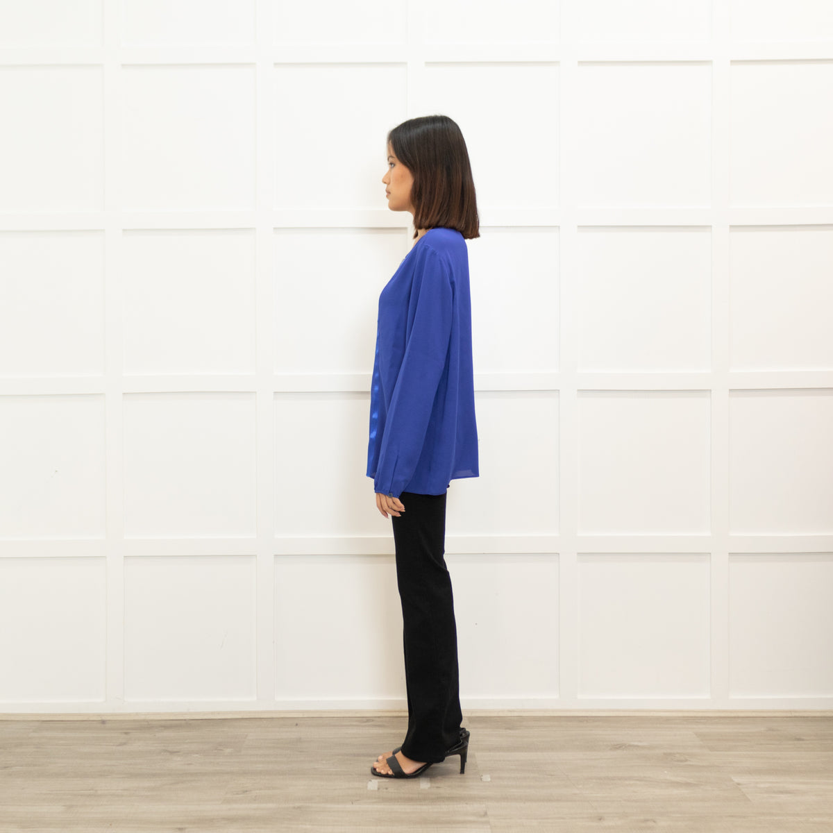 Longchamp Bright Blue Silk Blouse with Grosgrain Bib Stripe