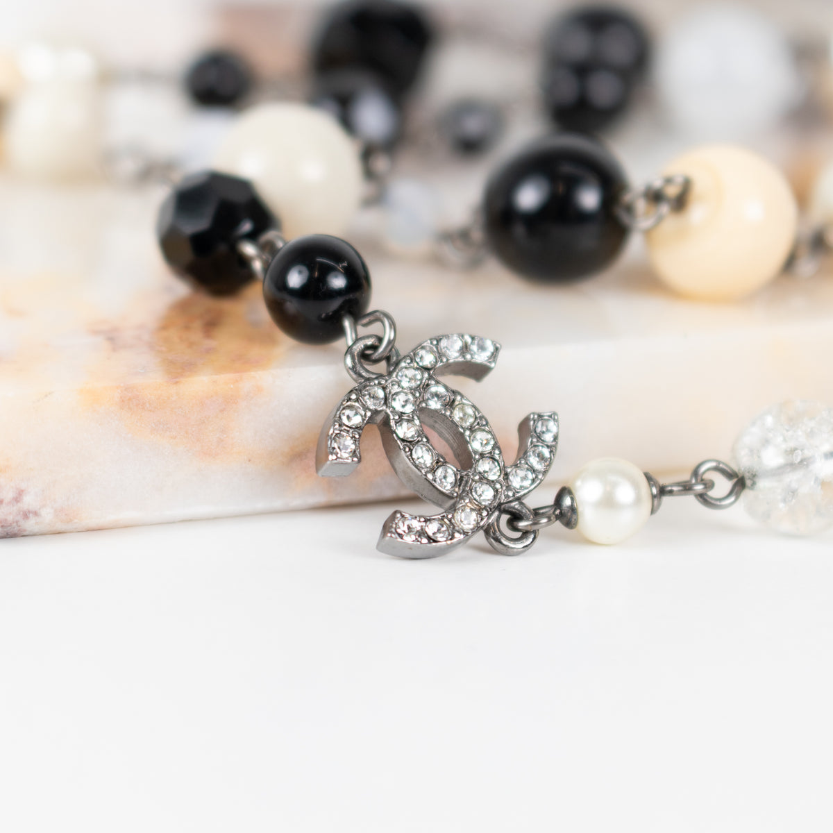 Chanel Cream Faux Pearl Black Bead Diamante CC Long Necklace