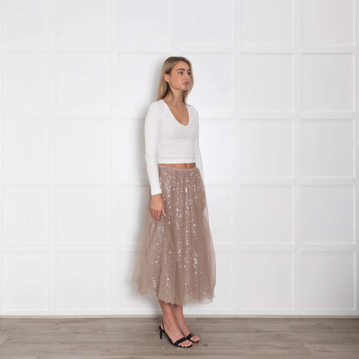 Wyse Nude  Sequin Skirt With Tulle Overlay
