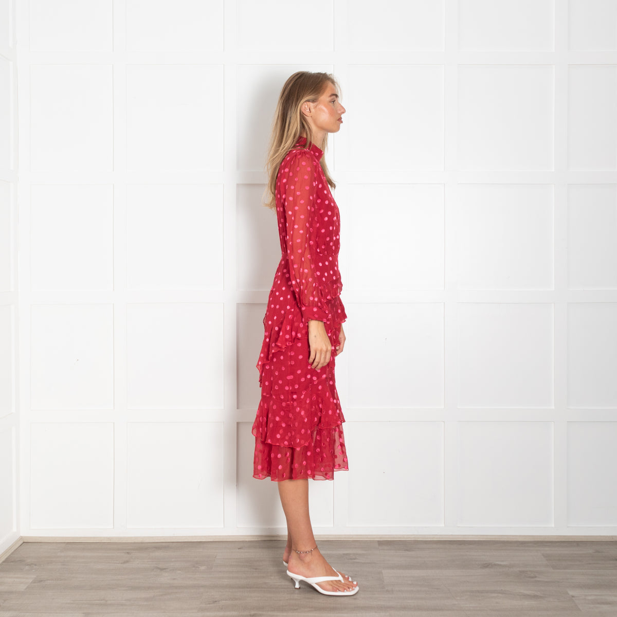 Saloni Red Pink Dot Print Frill High Neck Dress
