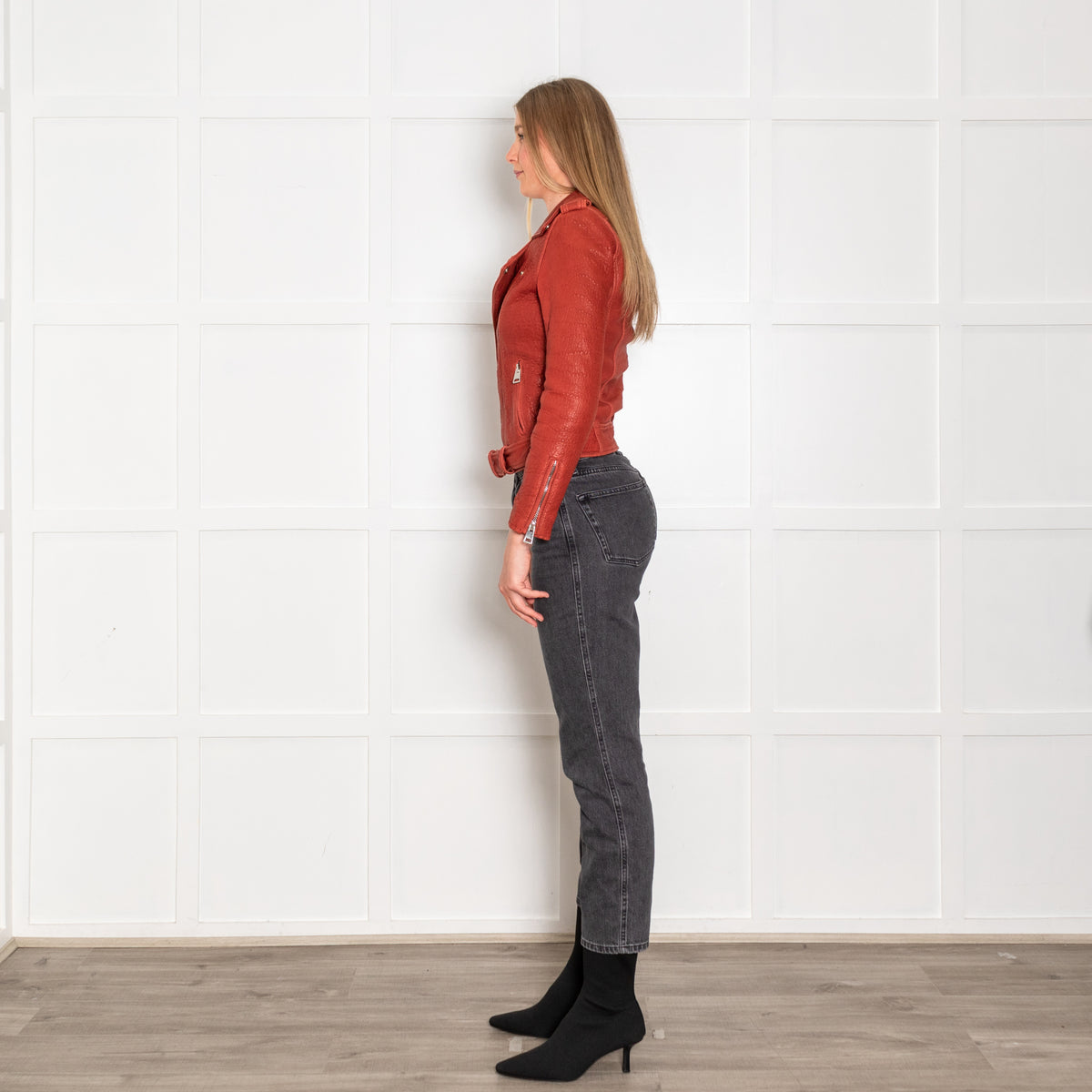 Maje Red Textured Leather Biker Jacket