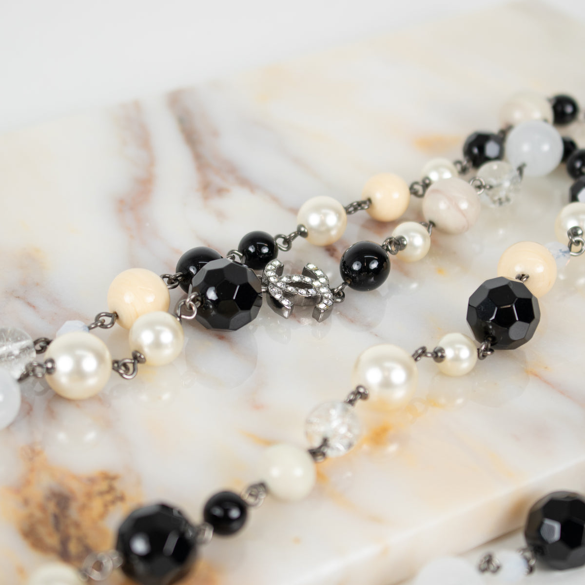 Chanel Cream Faux Pearl Black Bead Diamante CC Long Necklace