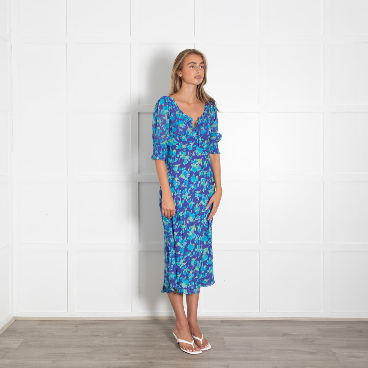 Rixo Purple Green Blue Floral Midi Dress