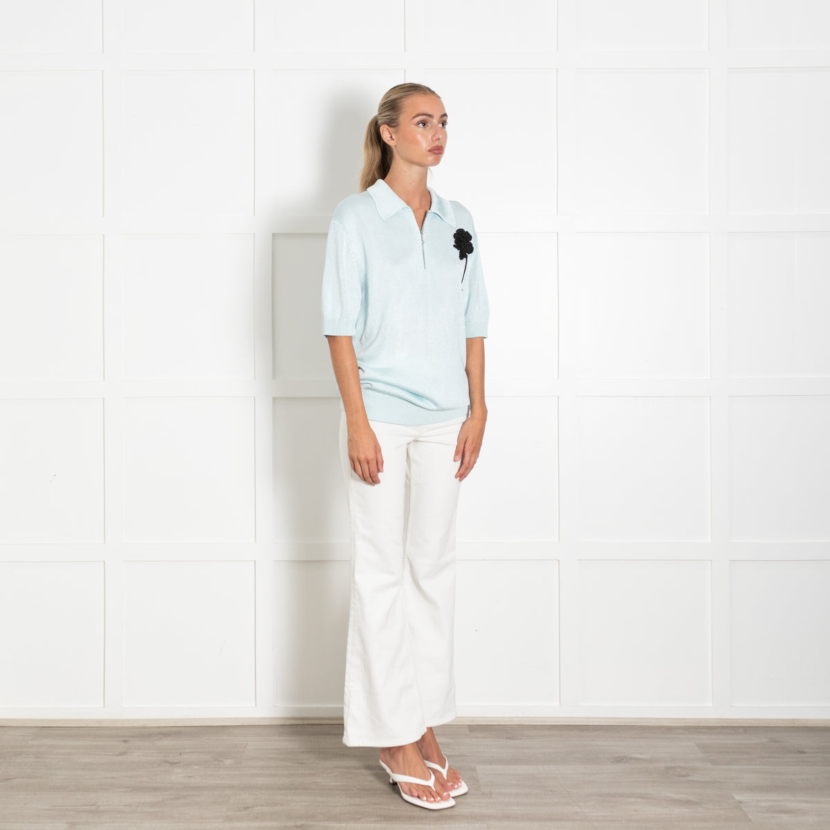Jil Sander Pale Blue Black Embroidered Flower Short Sleeve Top