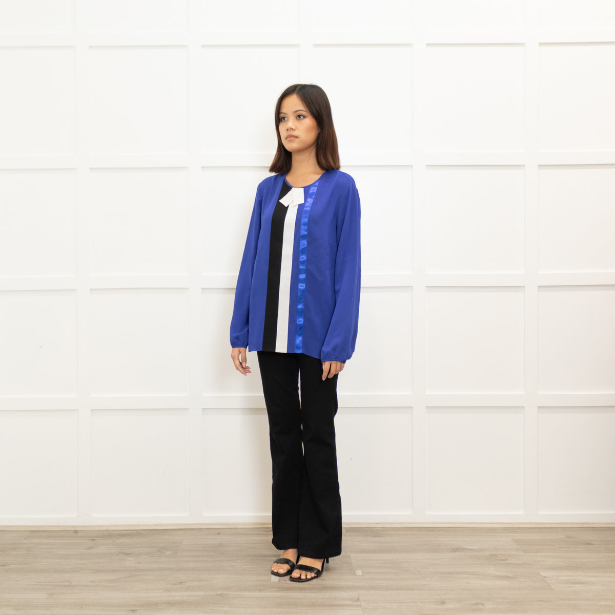 Longchamp Bright Blue Silk Blouse with Grosgrain Bib Stripe