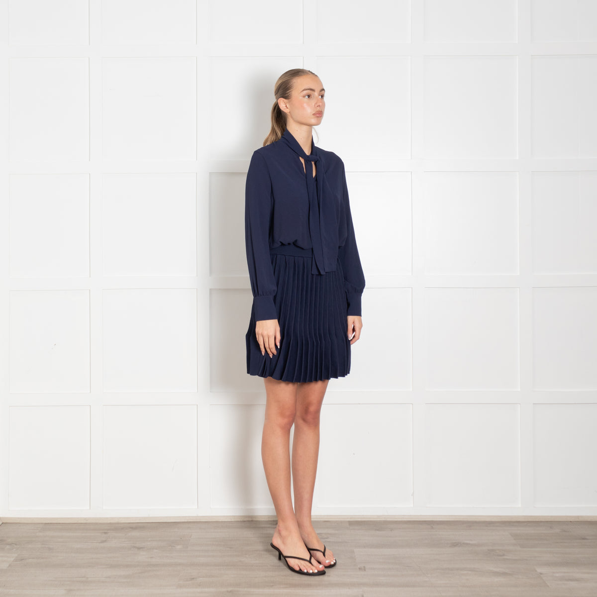 Maje Blue Pleated Bottom Neck Tie Short Dress