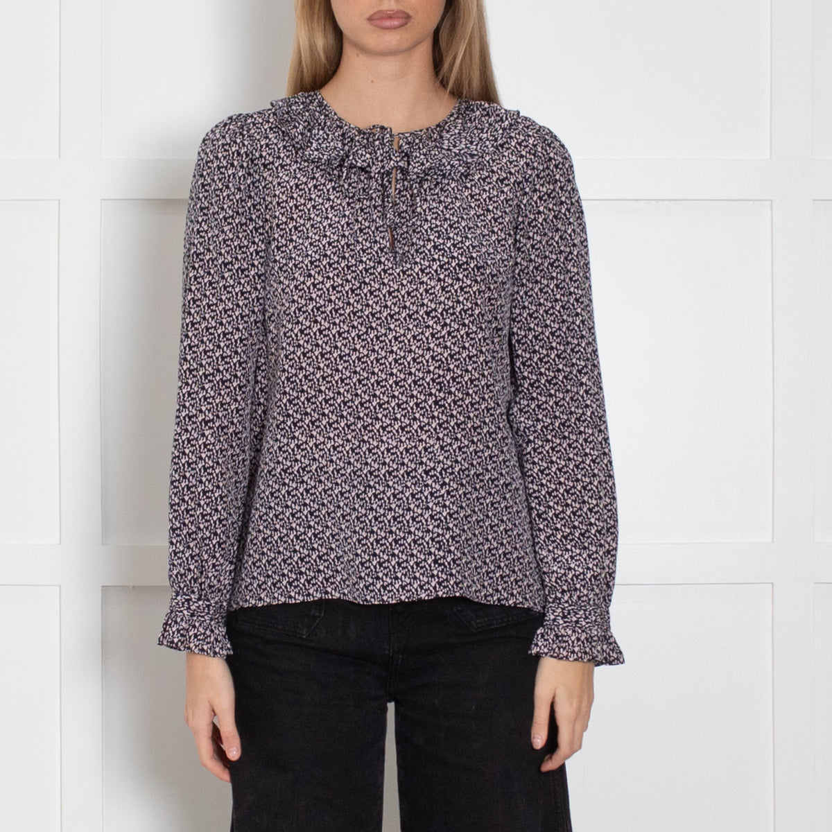 Rebecca Taylor Navy Pink Abstract Print Frill Neck Blouse