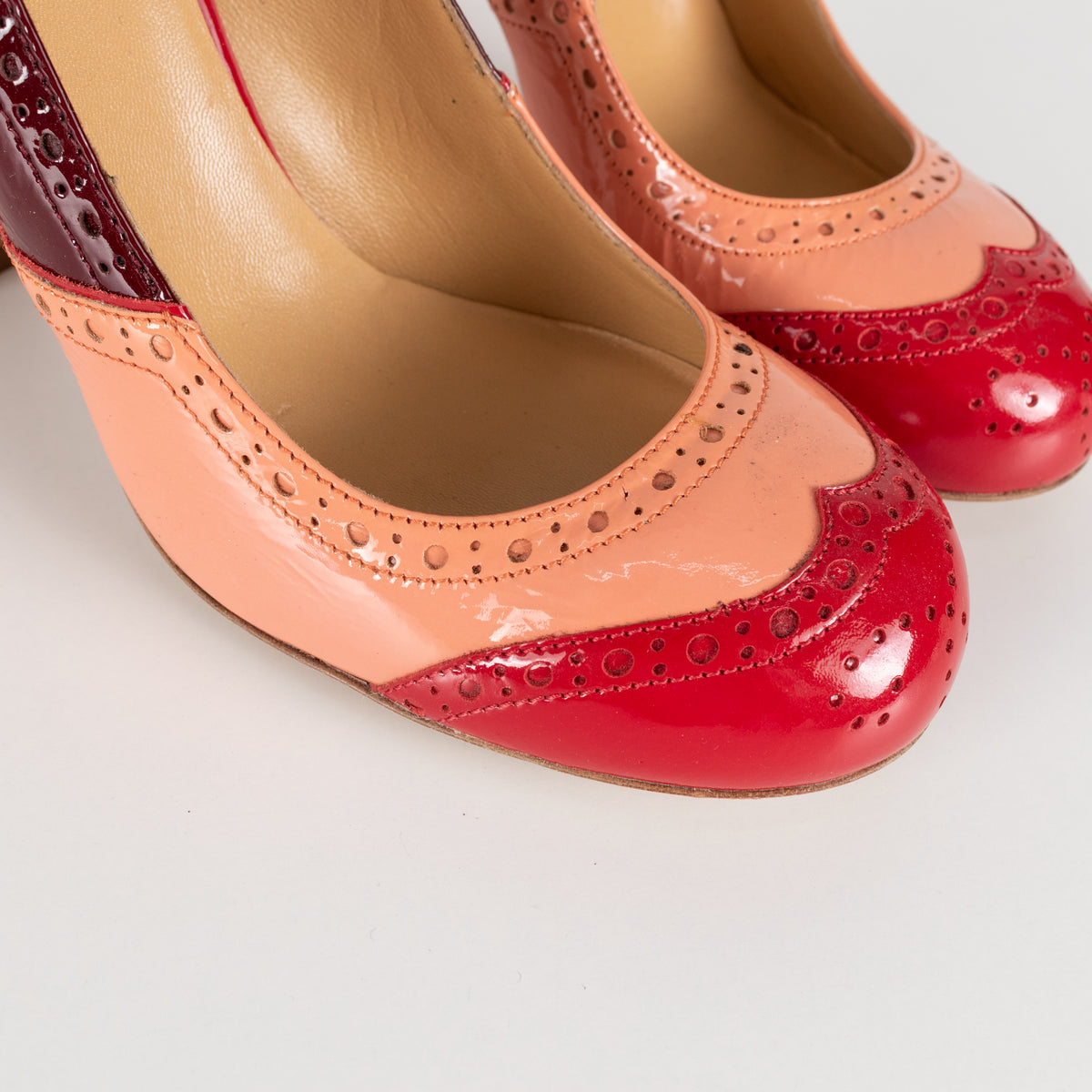 Miu Miu Pink Red Beige Painted Leather Heeled Shoes