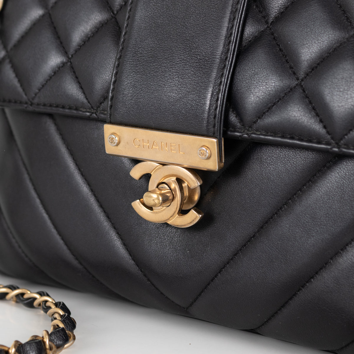 Chanel Black Lambskin Leather Top Handle Flap Bag