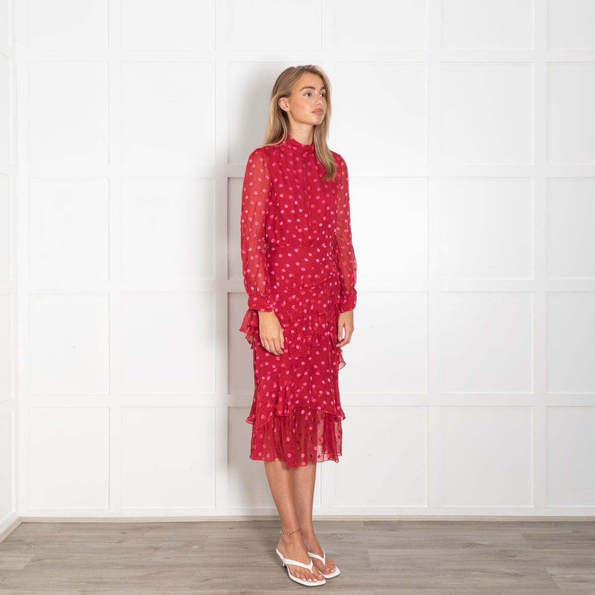 Saloni Red Pink Dot Print Frill High Neck Dress
