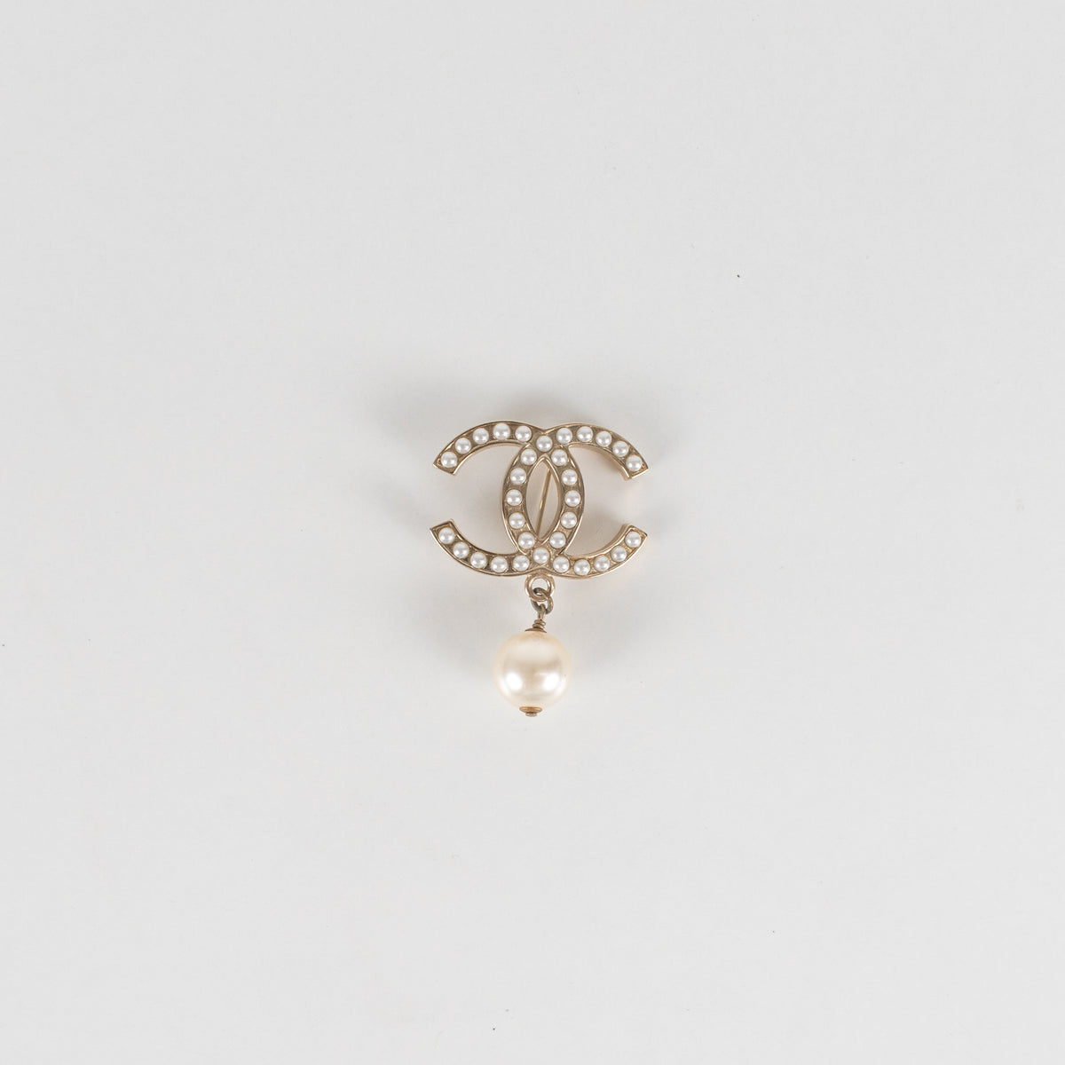 Chanel Gold Tone Faux Pearl CC Brooch