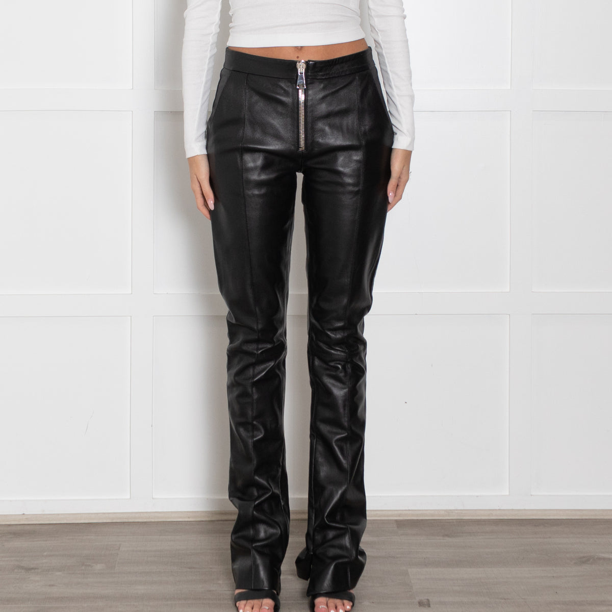 16Arlington Black Zip Fly Leather Trousers
