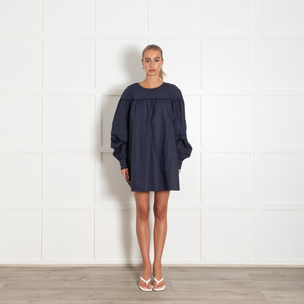 La Semaine Navy Shirt Dress With Embroidered Trim
