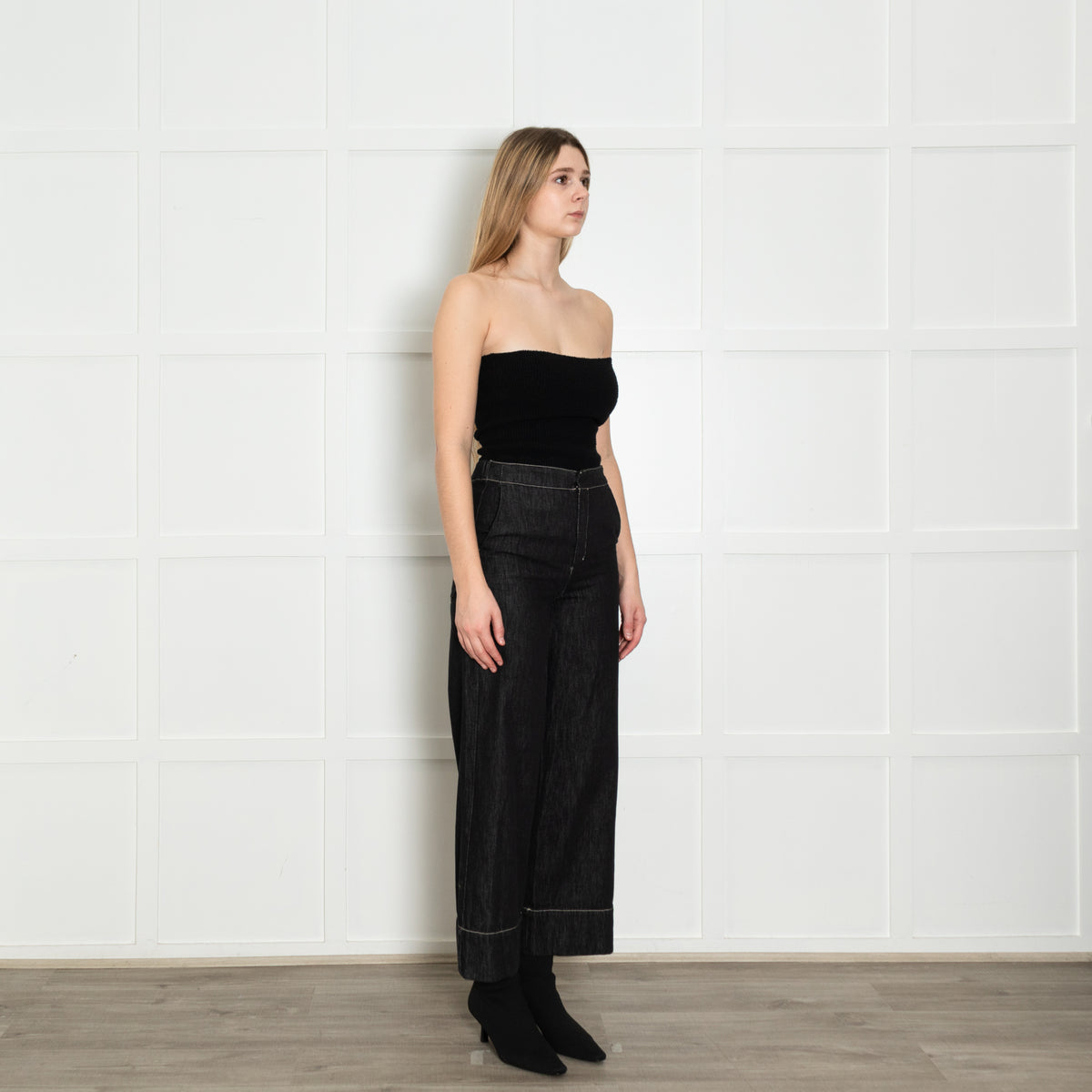 S Max Mara Black White Stitch Wide Denim Trousers