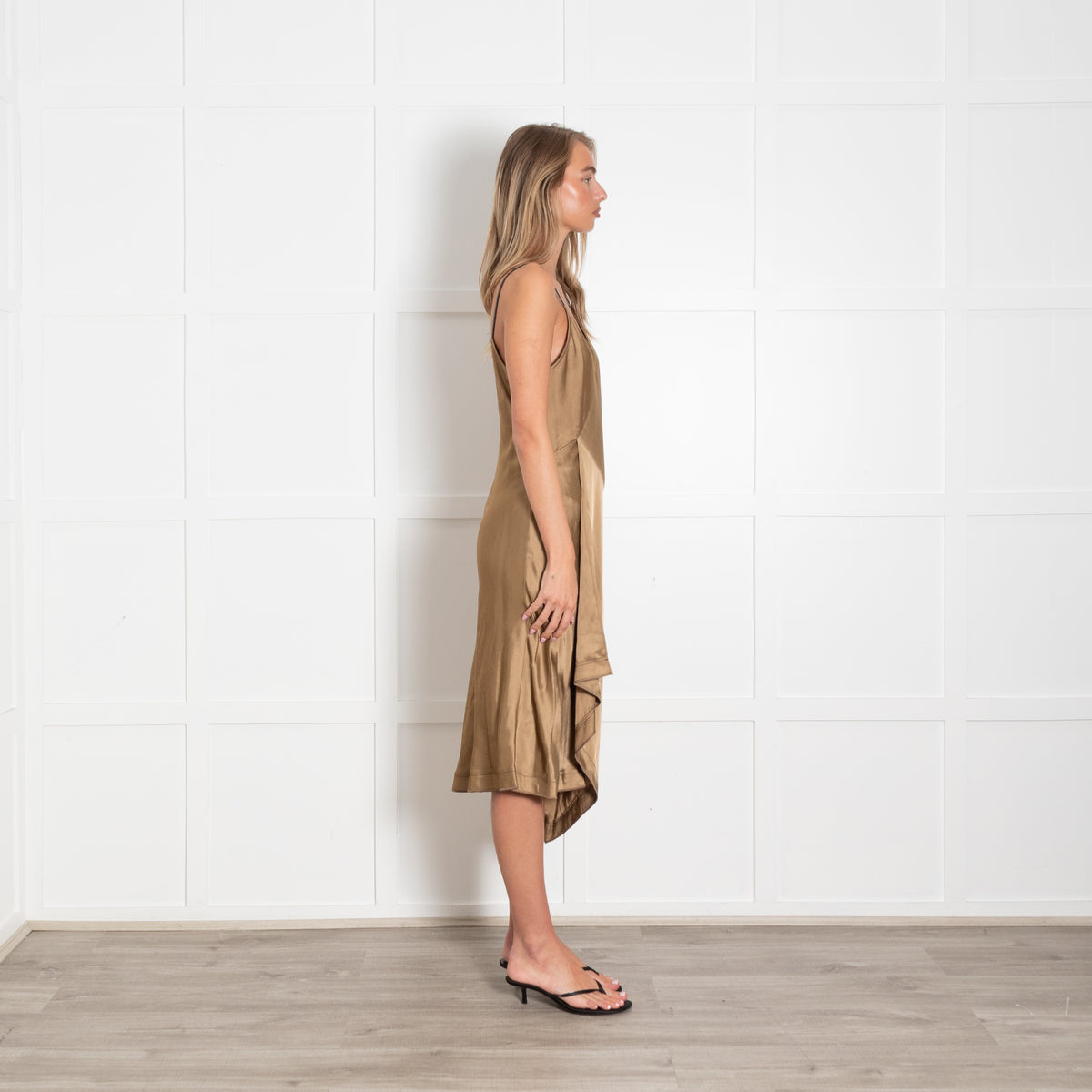 Helmut Lang Bronze Black Strappy Shoulders Silk Satin Dress