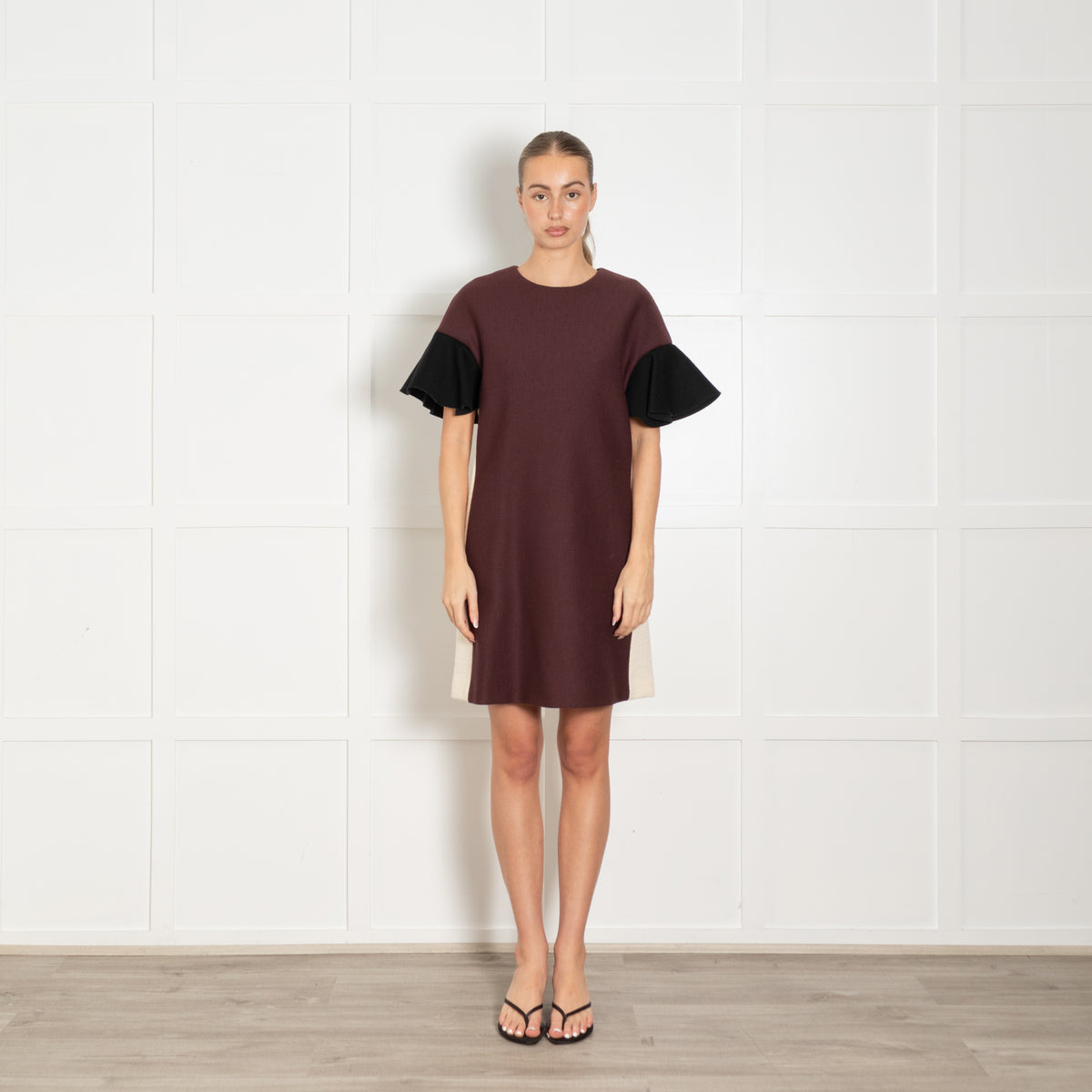 Marni Aubergine Cream Black Wool Blend Ruffle Sleeve Dress
