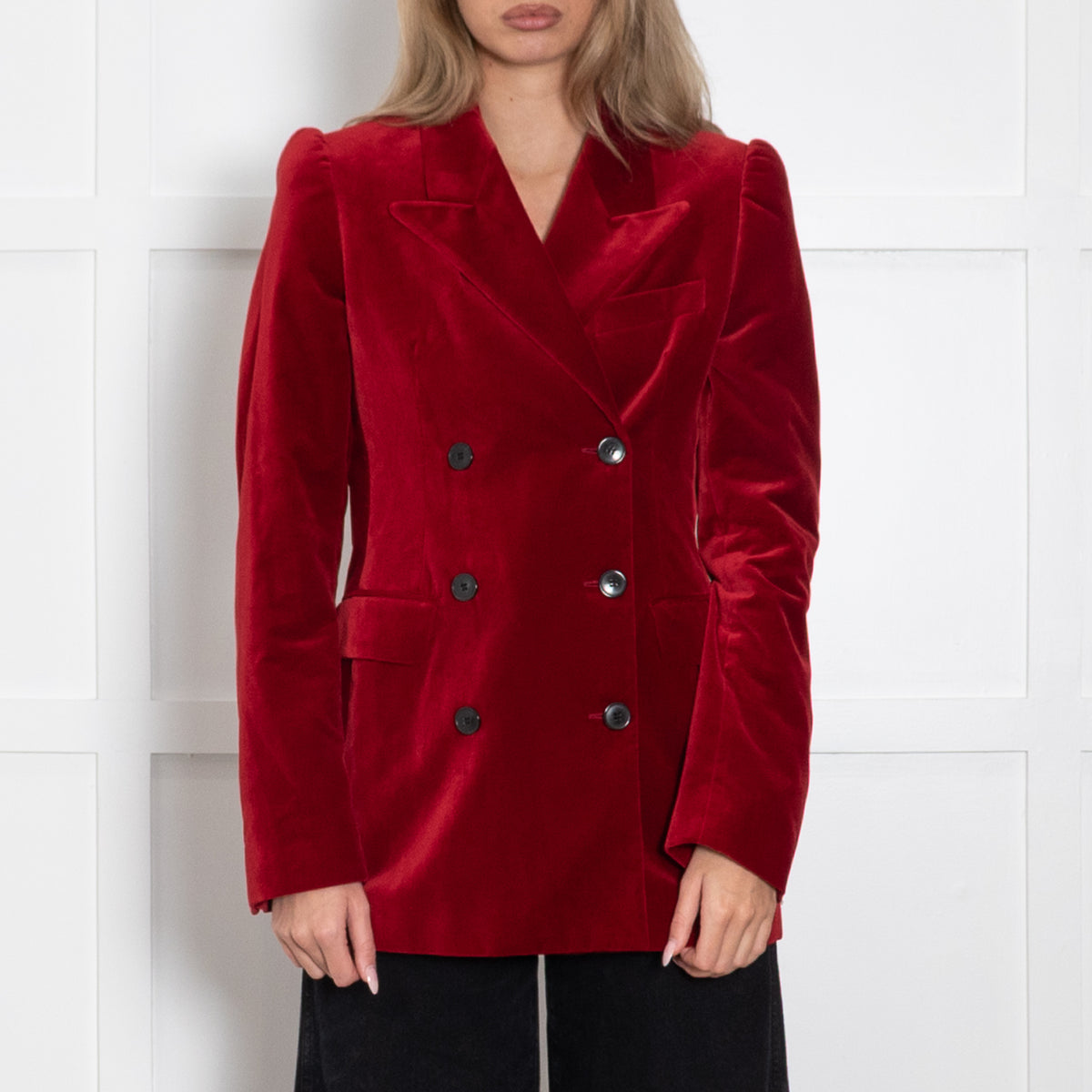 Dries Van Noten Dark Red Velvet Blazer With Puffed Shoulders