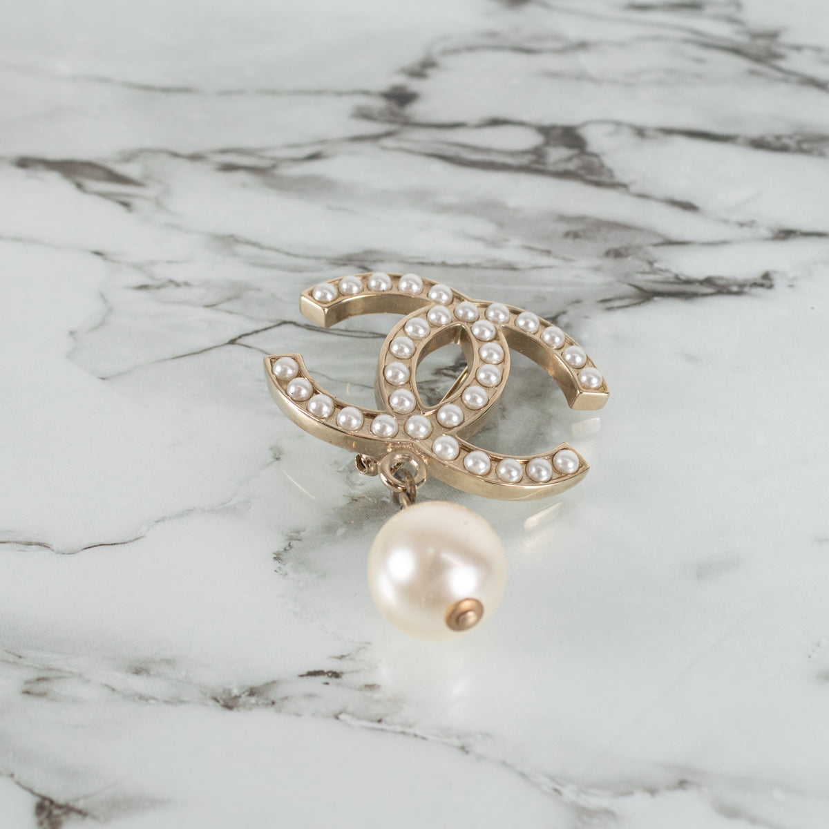 Chanel Gold Tone Faux Pearl CC Brooch