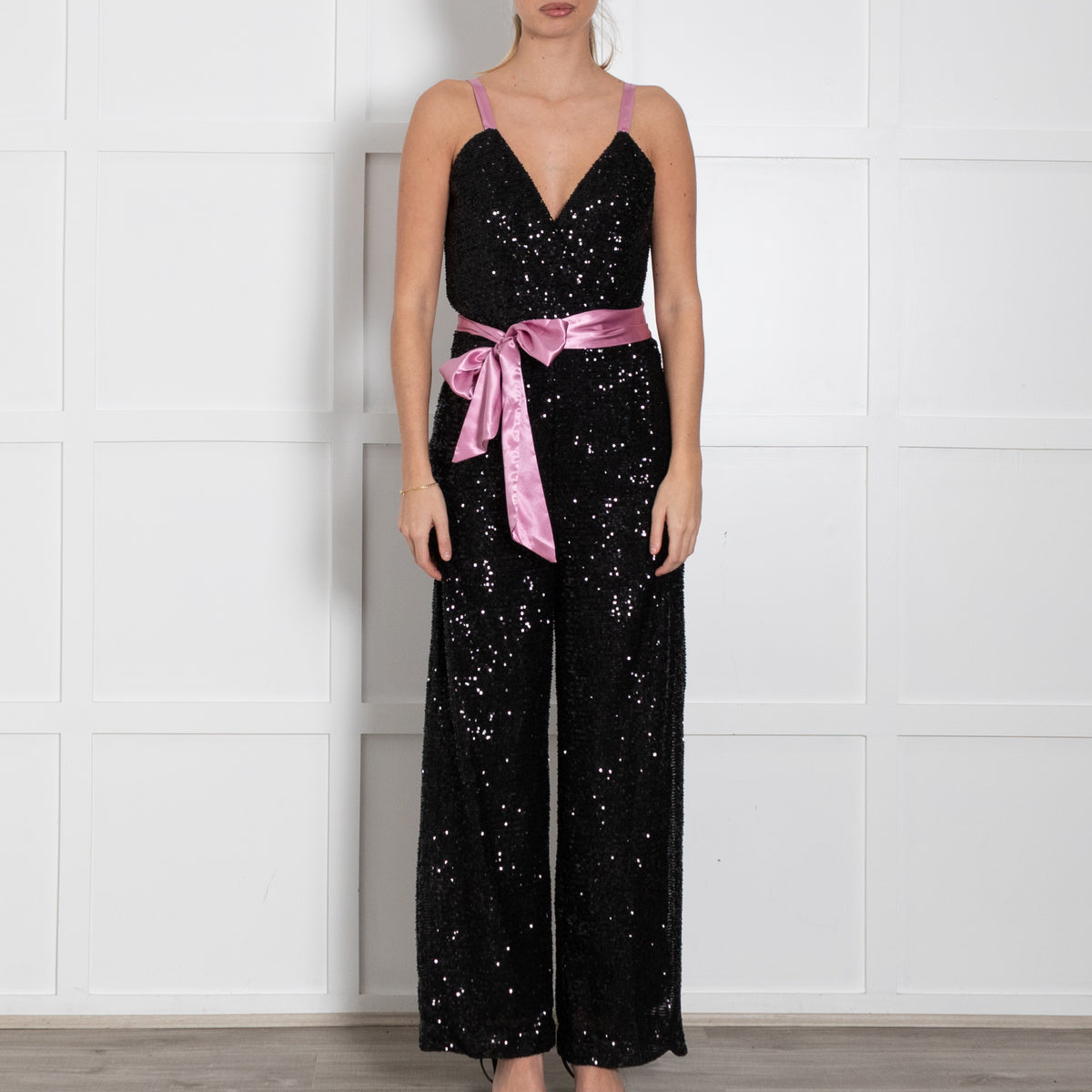 Rock The Jumpsuit Black Sequinned Pink Satin Ribbon Detail Jumpsuit
