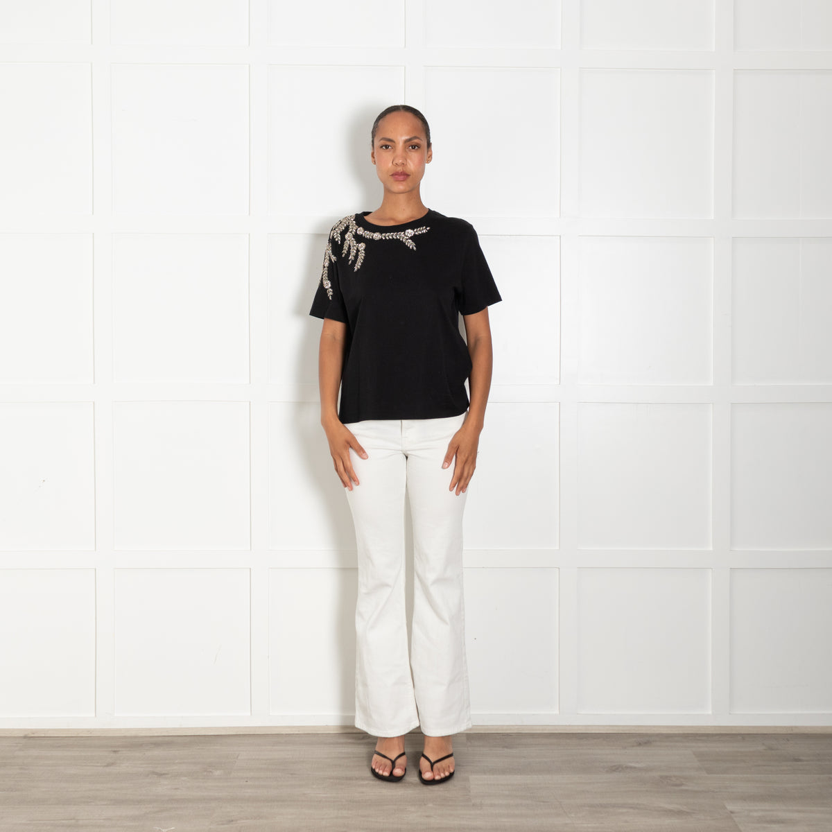 Sandro Black T Shirt With Crystal Embellishment