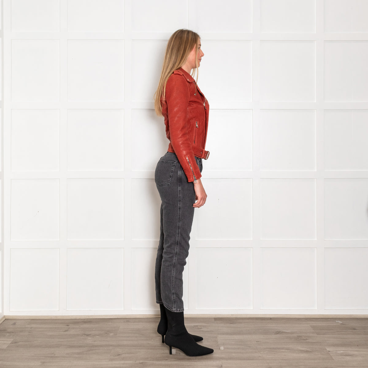 Maje Red Textured Leather Biker Jacket