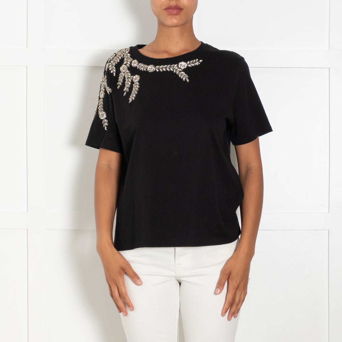 Sandro Black T Shirt With Crystal Embellishment