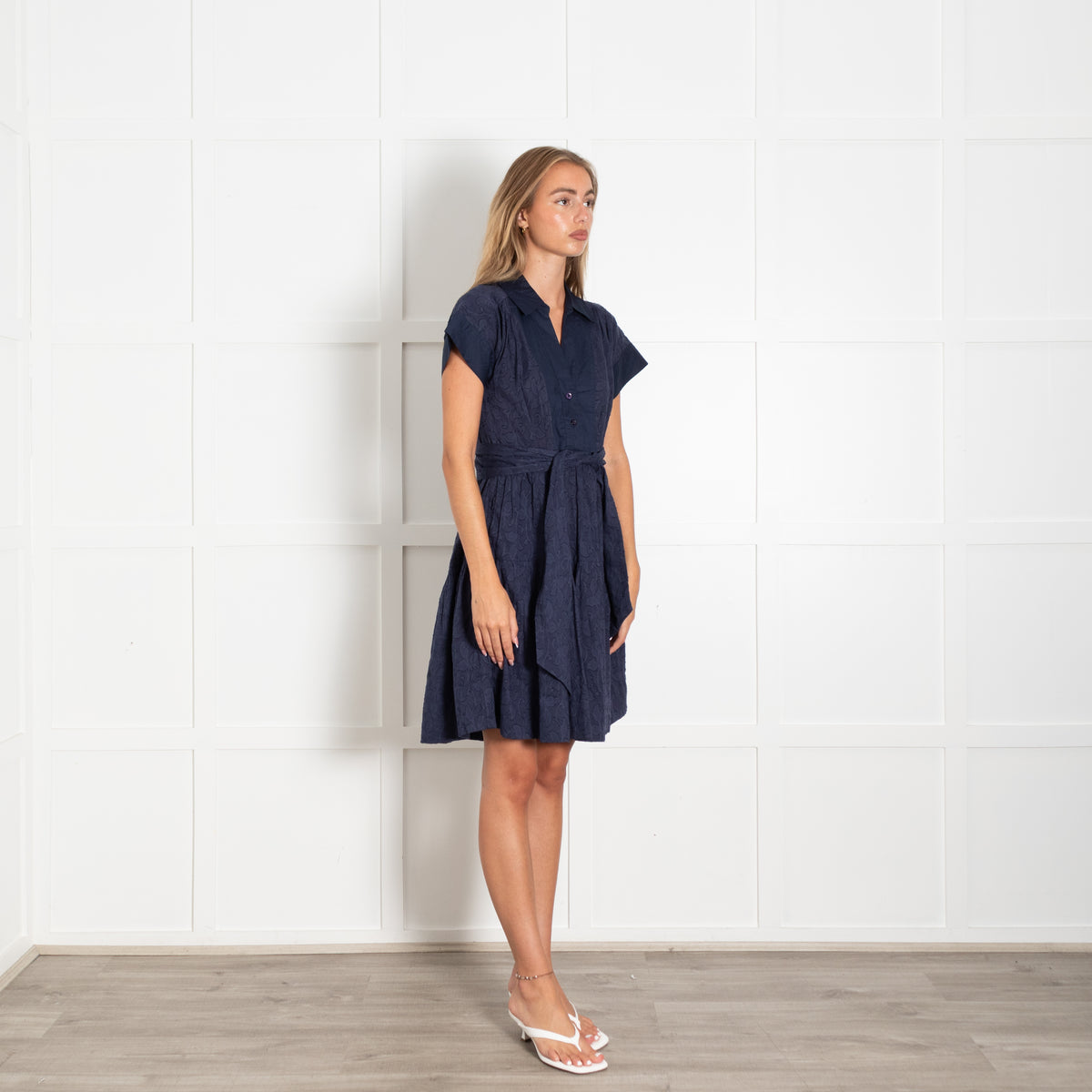 Me+Em Navy Collared Short Dress With Tie Belt