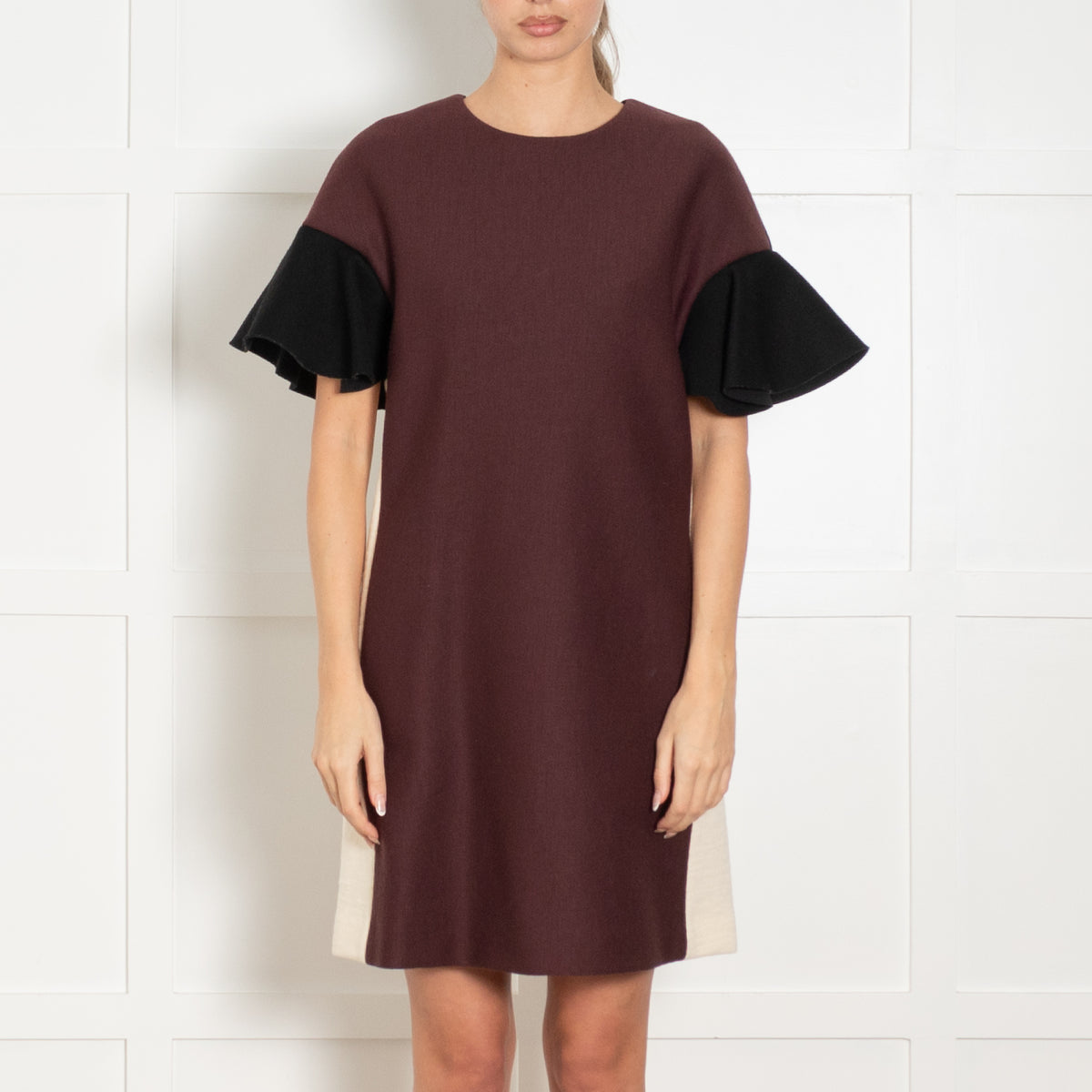 Marni Aubergine Cream Black Wool Blend Ruffle Sleeve Dress