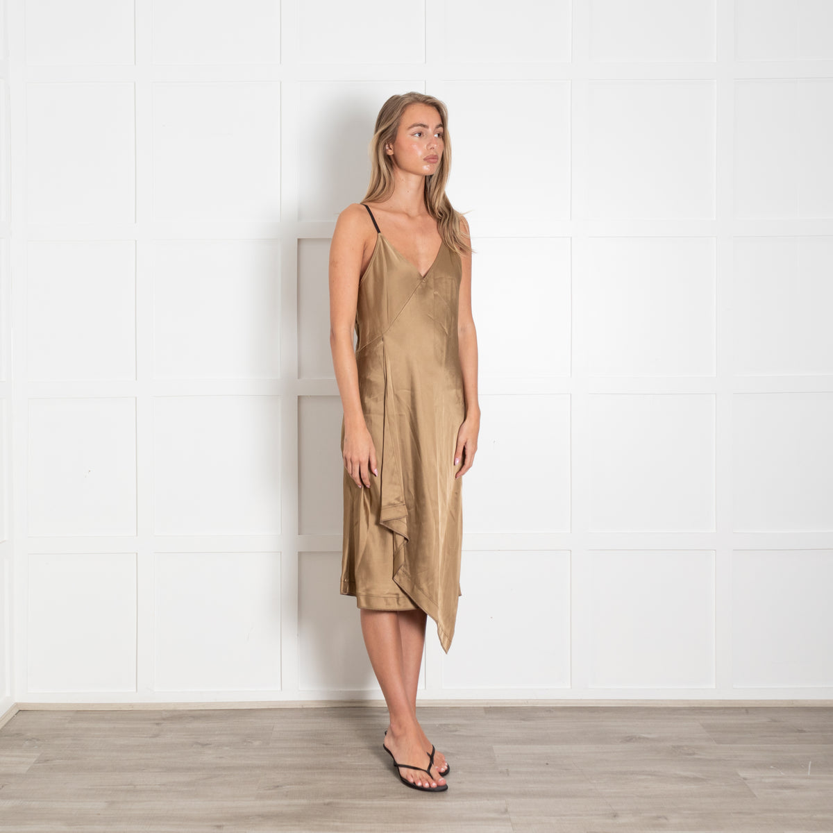 Helmut Lang Bronze Black Strappy Shoulders Silk Satin Dress