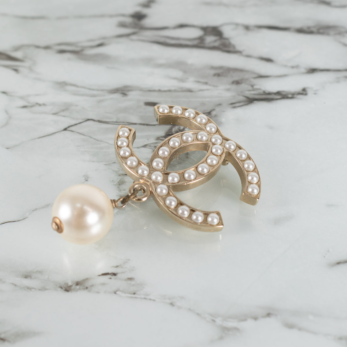 Chanel Gold Tone Faux Pearl CC Brooch