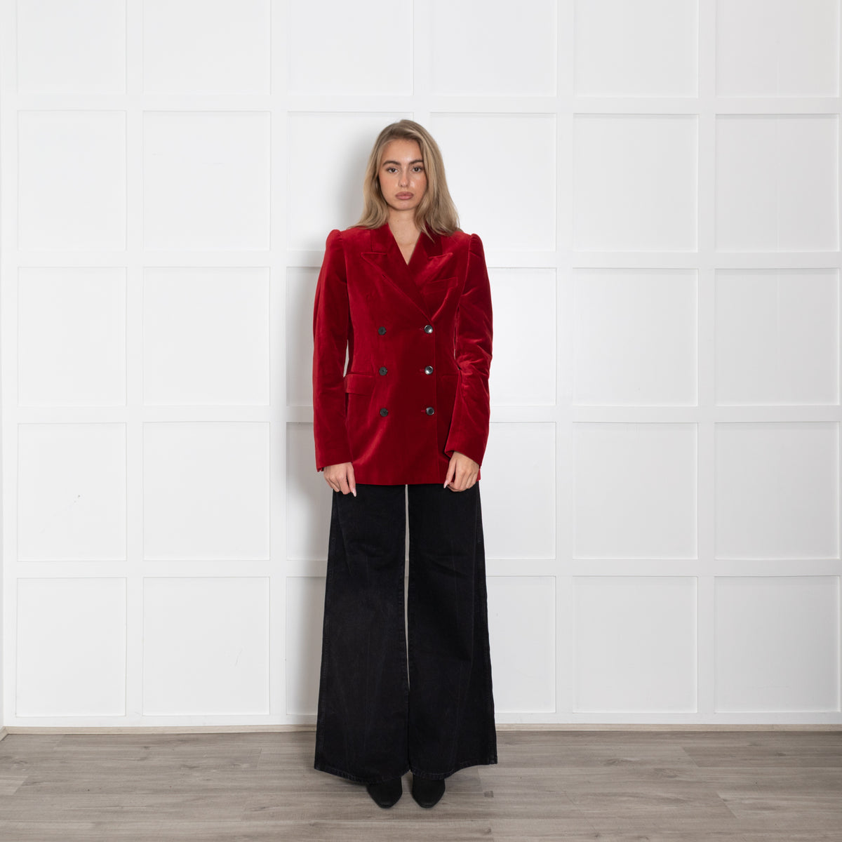Dries Van Noten Dark Red Velvet Blazer With Puffed Shoulders